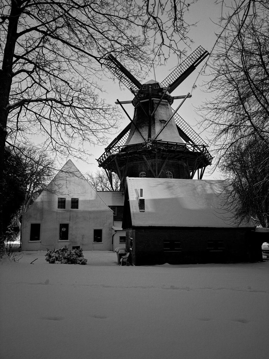 Verschneites Ensemble aus Mühle, Stallgebäude und Müllerhaus