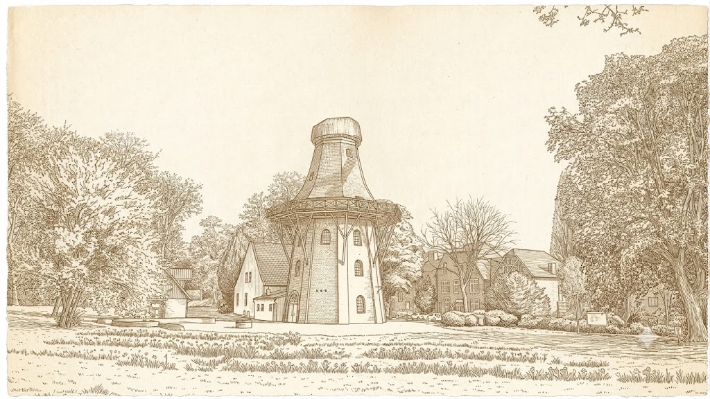 Sepia-Stich der Windmühle De Vrouw Johanna auf dem Emder Stadtwall, umgeben von Bäumen und dem Müllerhaus